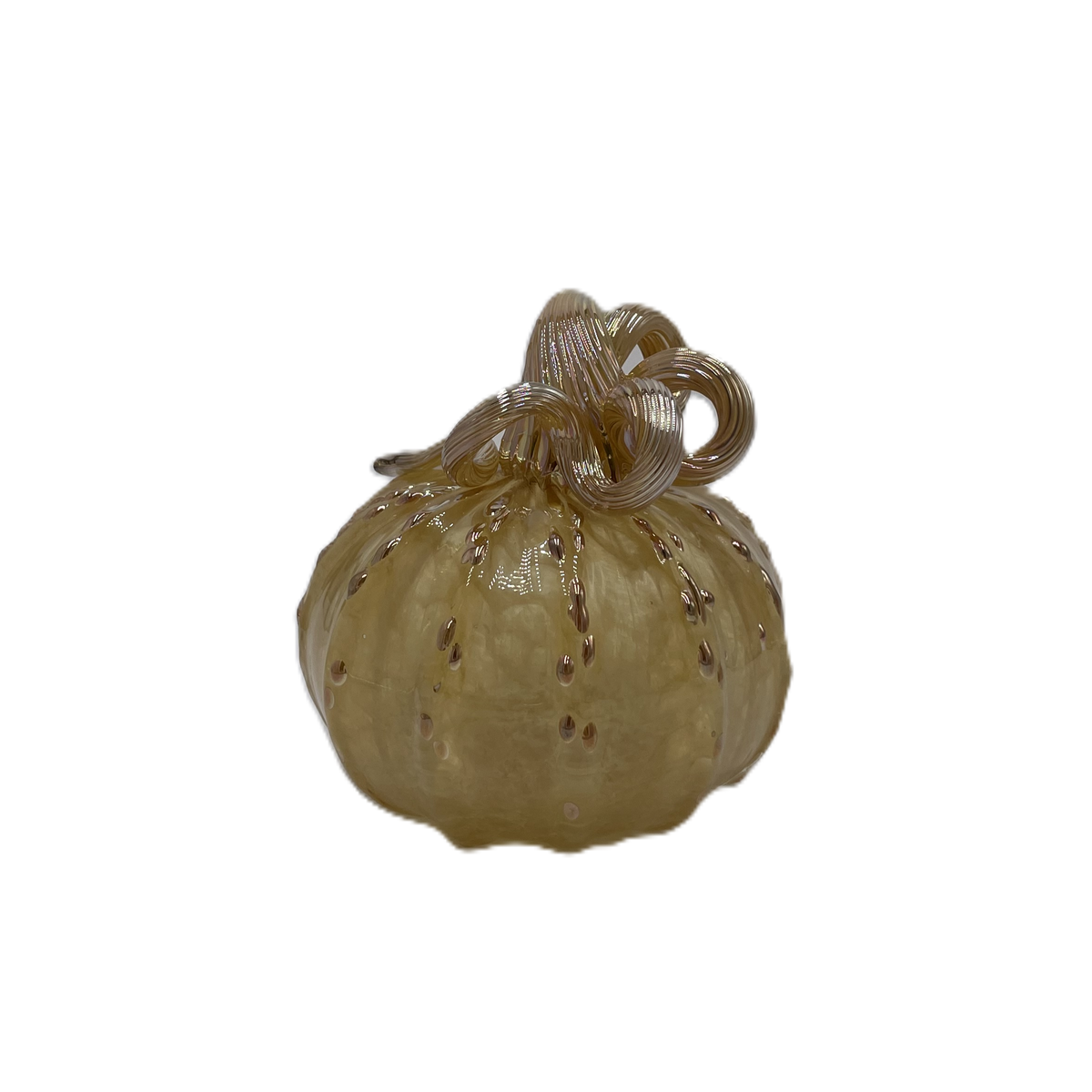A small decorative glass pumpkin, made from transparent pale amber glass with a textured stem and small raised speckles, isolated on a white background.