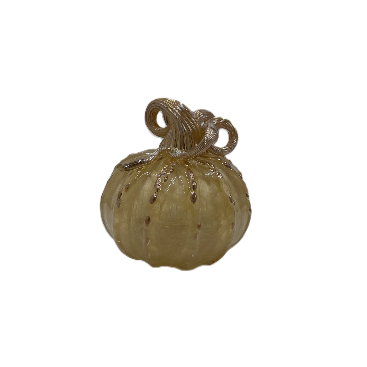 A small decorative glass pumpkin with a textured stem, shown on a plain white background.