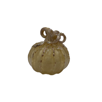 A small decorative glass pumpkin with a textured stem, shown on a plain white background.