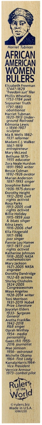 A narrow wooden ruler with a portrait at the top and black text reading 'AFRICAN AFRICAN WOMEN RULERS' and listing names and titles. The bottom shows the 'Ruler's World' logo.