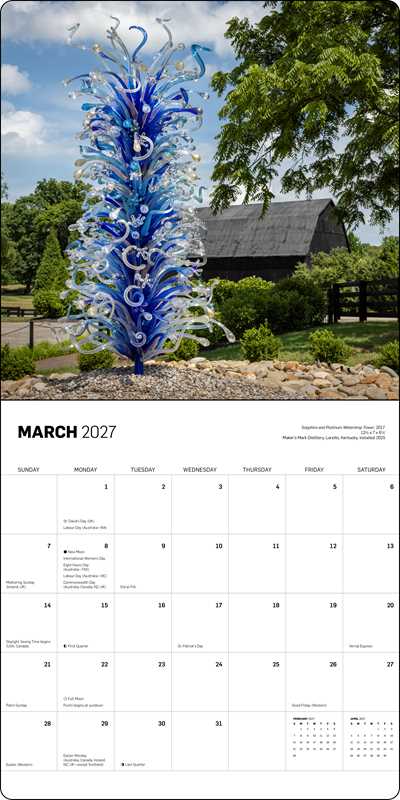 Open calendar page with a monly grid and the words March 2027 on the bottom and an image of a blue and white glass scuplture in a park at the top