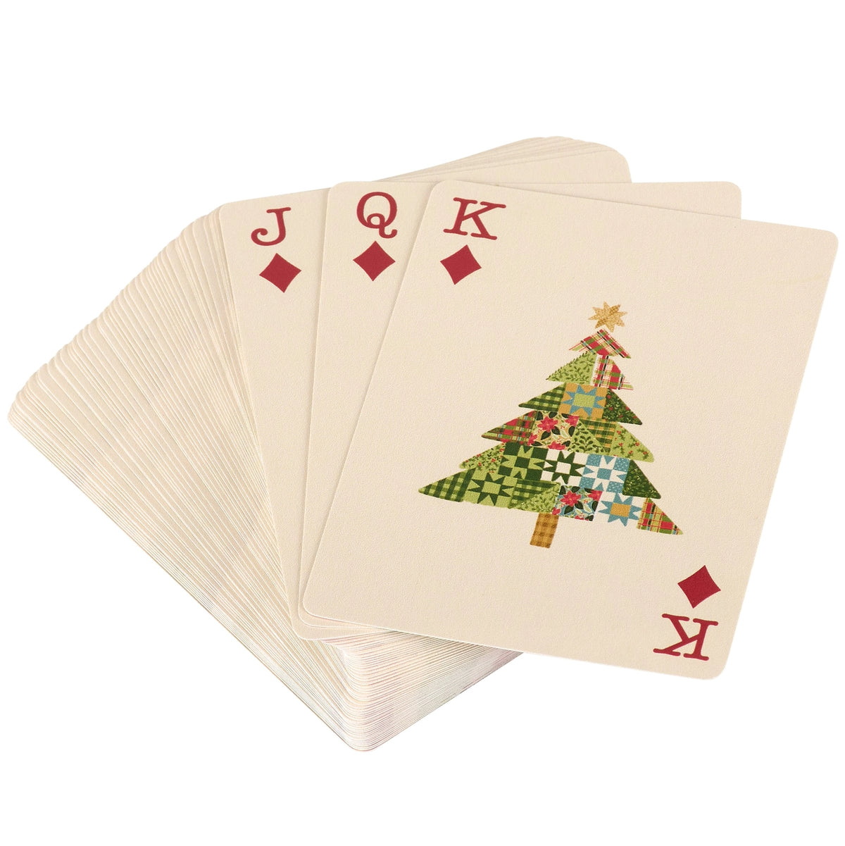 A stack of Christmas tree themed playing cards