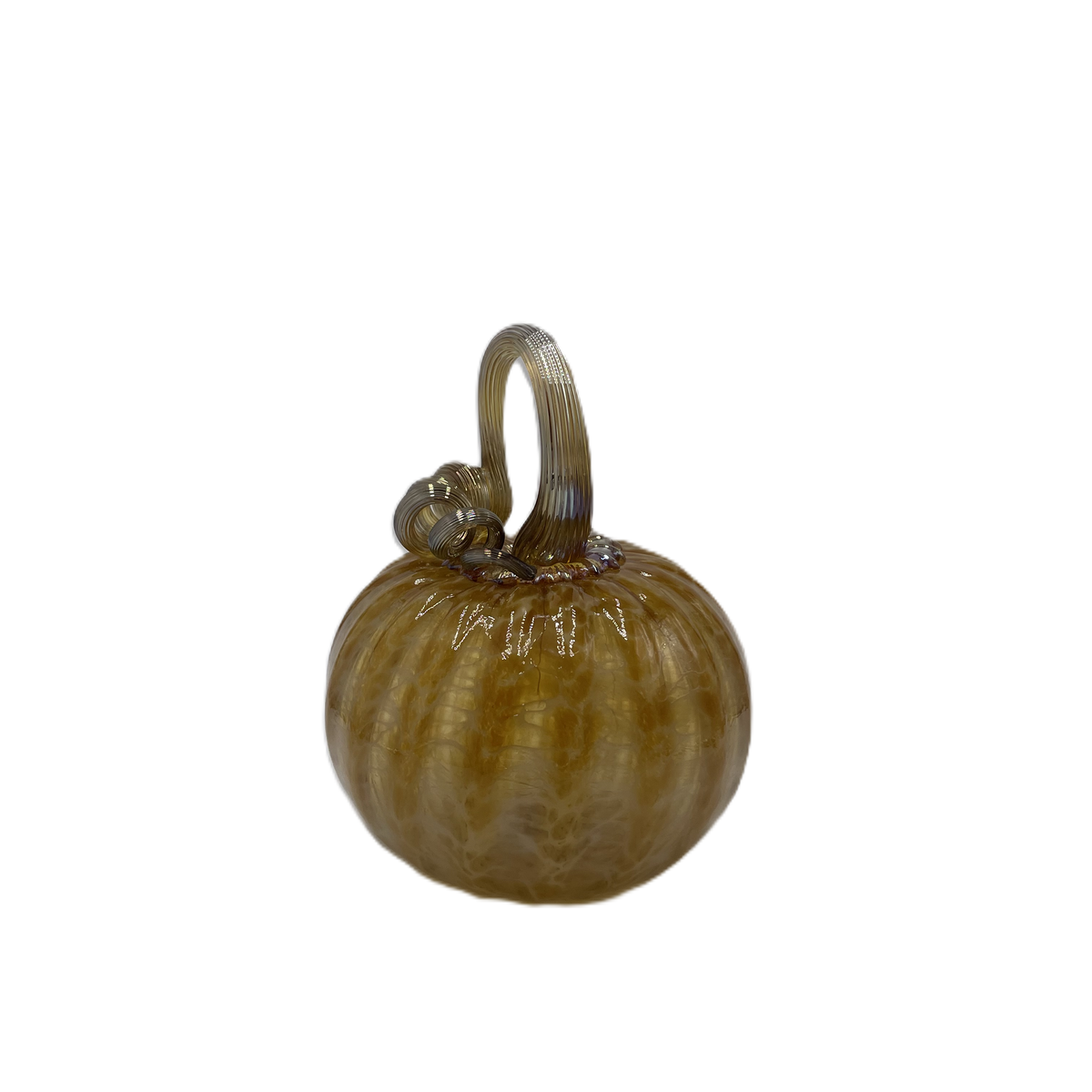 A small decorative glass pumpkin with a ribbed body, a loop handle, and a short stem, shown on a plain white background.