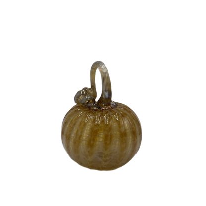 A small decorative glass pumpkin with a ribbed body, a loop handle, and a short stem, shown on a plain white background.