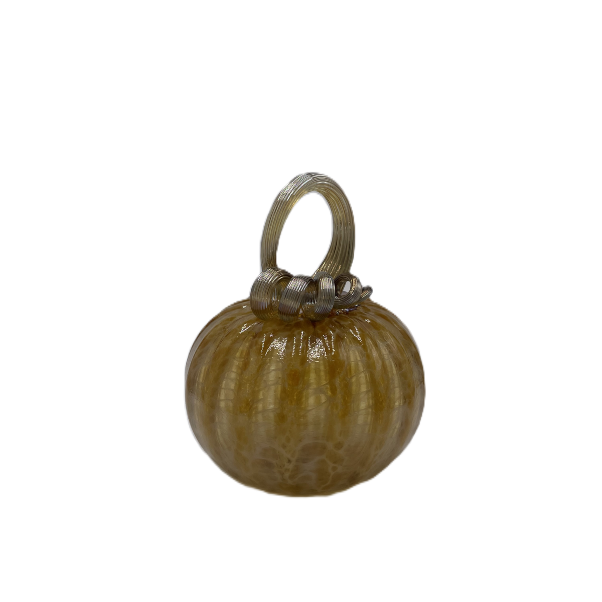 A small decorative glass pumpkin with a ribbed surface in warm amber-brown tones and a metallic silver loop handle on top, isolated on a white background.
