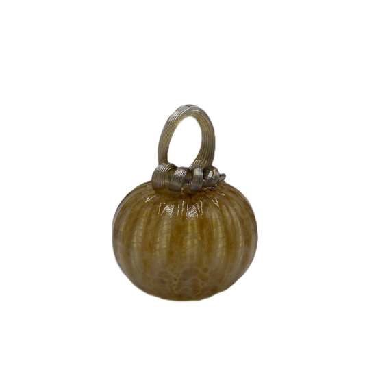 A small decorative glass pumpkin with a ribbed surface in warm amber-brown tones and a metallic silver loop handle on top, isolated on a white background.