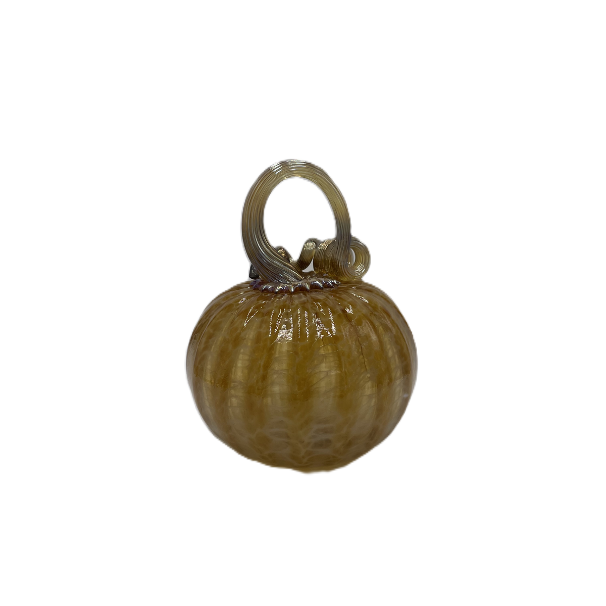 A small decorative glass ribbed pumpkin with a loop handle, shown on a plain white background.