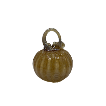 A small decorative glass ribbed pumpkin with a loop handle, shown on a plain white background.