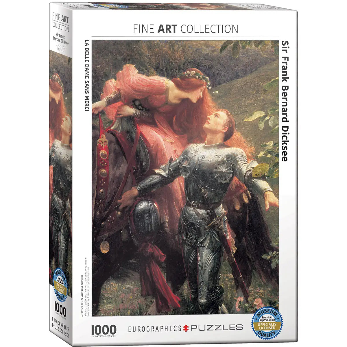 Boxed jigsaw puzzle from the Eurographics Puzzles Fine Art Collection, featuring Sir Frank Bernard Dicksee's painting 'La Belle Dame Sans Merci'. The white packaging displays the artwork of a knight in armor and a red-haired woman, with text indicating 1000 pieces.