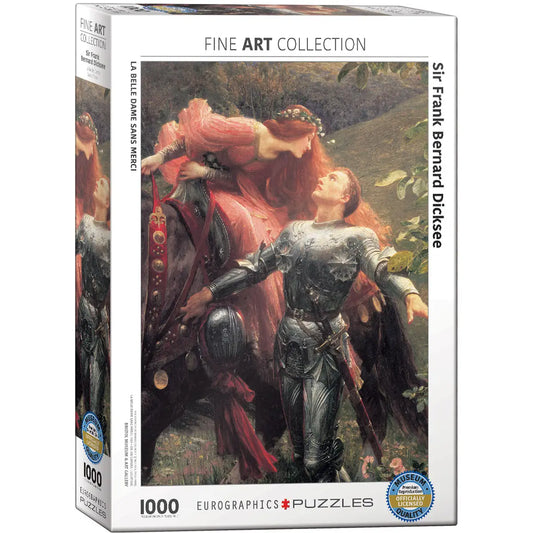 Boxed jigsaw puzzle from the Eurographics Puzzles Fine Art Collection, featuring Sir Frank Bernard Dicksee's painting 'La Belle Dame Sans Merci'. The white packaging displays the artwork of a knight in armor and a red-haired woman, with text indicating 1000 pieces.