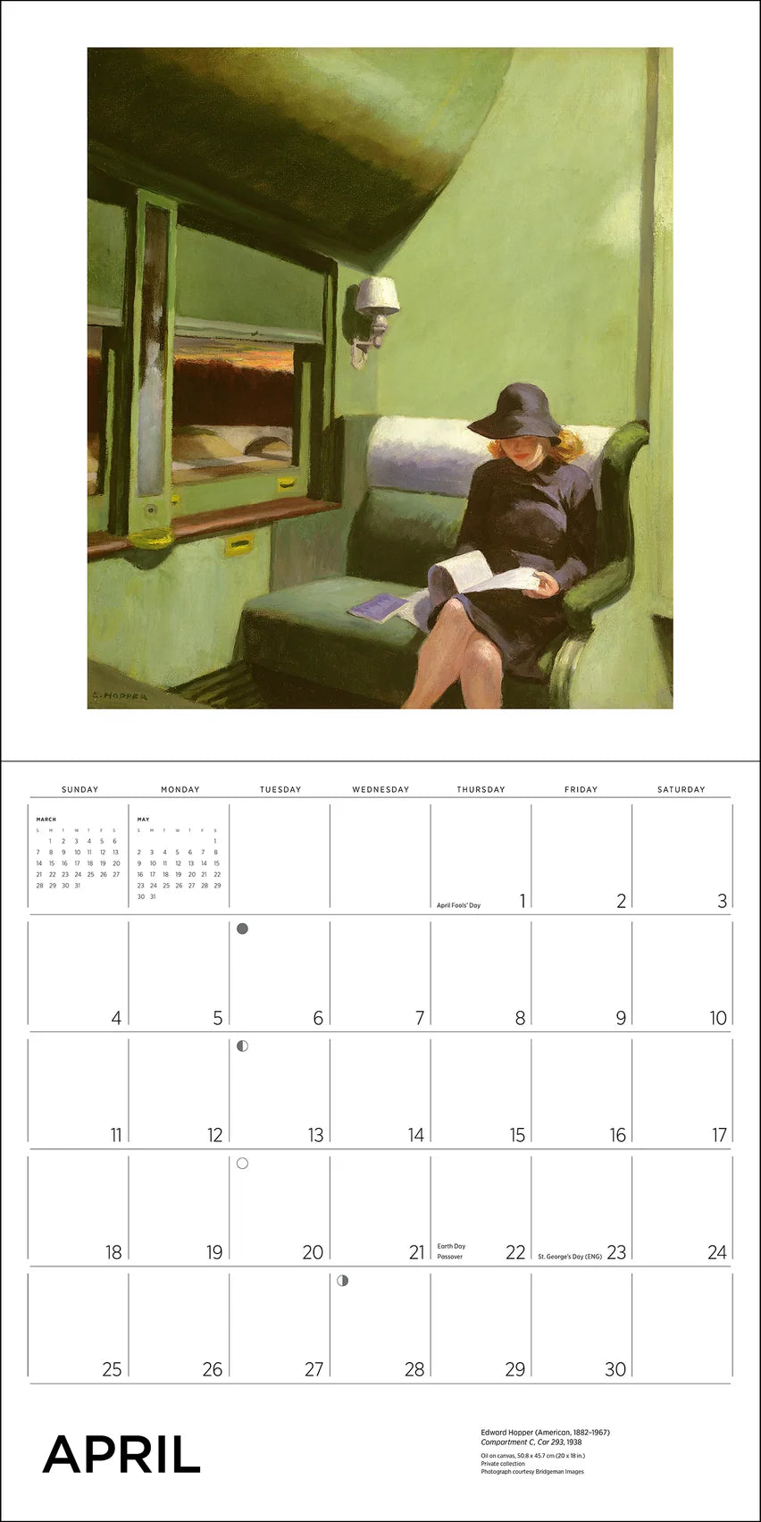 An open calendar page with the top featuring a green train car interior with a seated woman reading a book and the bottom featuring a calendar grid with the word April