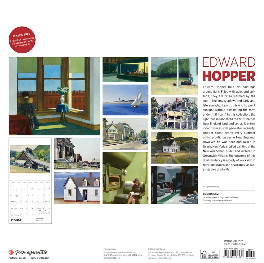 The back cover of an Edward Hopper calendar featuring twelve of his artworks and some text on the right hand side