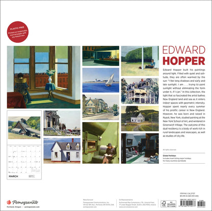 The back cover of an Edward Hopper calendar featuring twelve of his artworks and some text on the right hand side