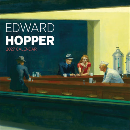 Calendar packaging featuring a yellow and green cafe with four figures around the counter with the text "Edward Hopper 2027 Calendar"