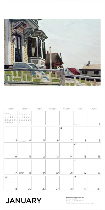 An open calendar page with the top featuring a scene of buildings and the bottom featuring a calendar grid with the word January