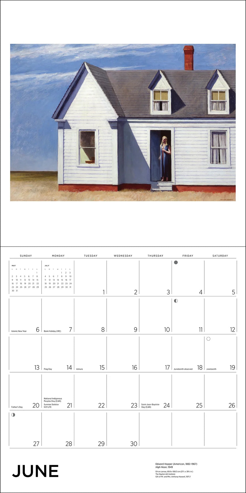 An open calendar page with the top featuring a white house against a blue sky with a woman standing in the doorway  and the bottom featuring a calendar grid with the word June