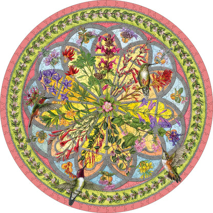 A completed 500Circular design with birds and flowers, resembling a mandala, on a white background.