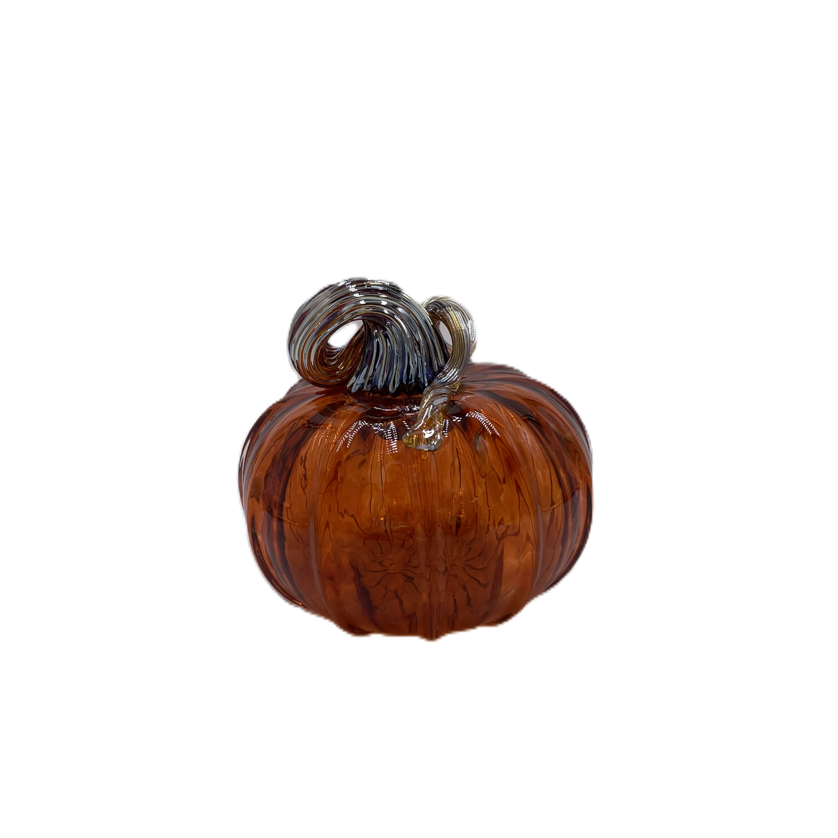 A small decorative glass pumpkin ornament in amber brown with a textured, ribbed surface and a metallic silver-gray wrapped stem, isolated on a white background.