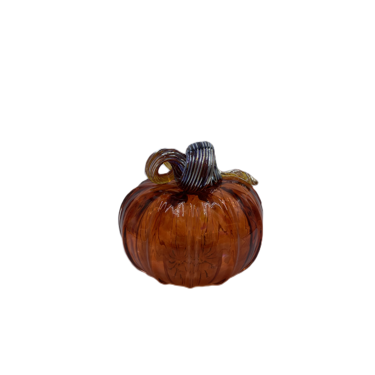 A small decorative glass pumpkin with a ribbed body in amber-brown tones and a dark blue-gray striped stem, isolated on a white background.