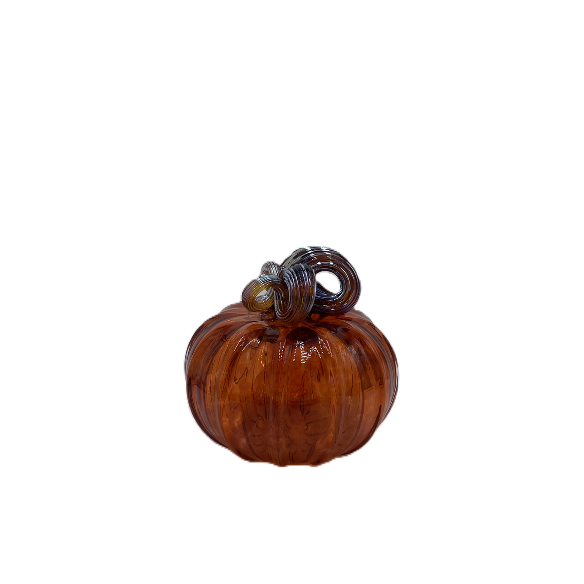 A small decorative glass pumpkin ornament with a ribbed body and a dark brown stem loop, shown on a plain white background.
