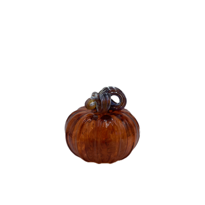 A small decorative glass pumpkin ornament with a ribbed body and a dark brown stem loop, shown on a plain white background.
