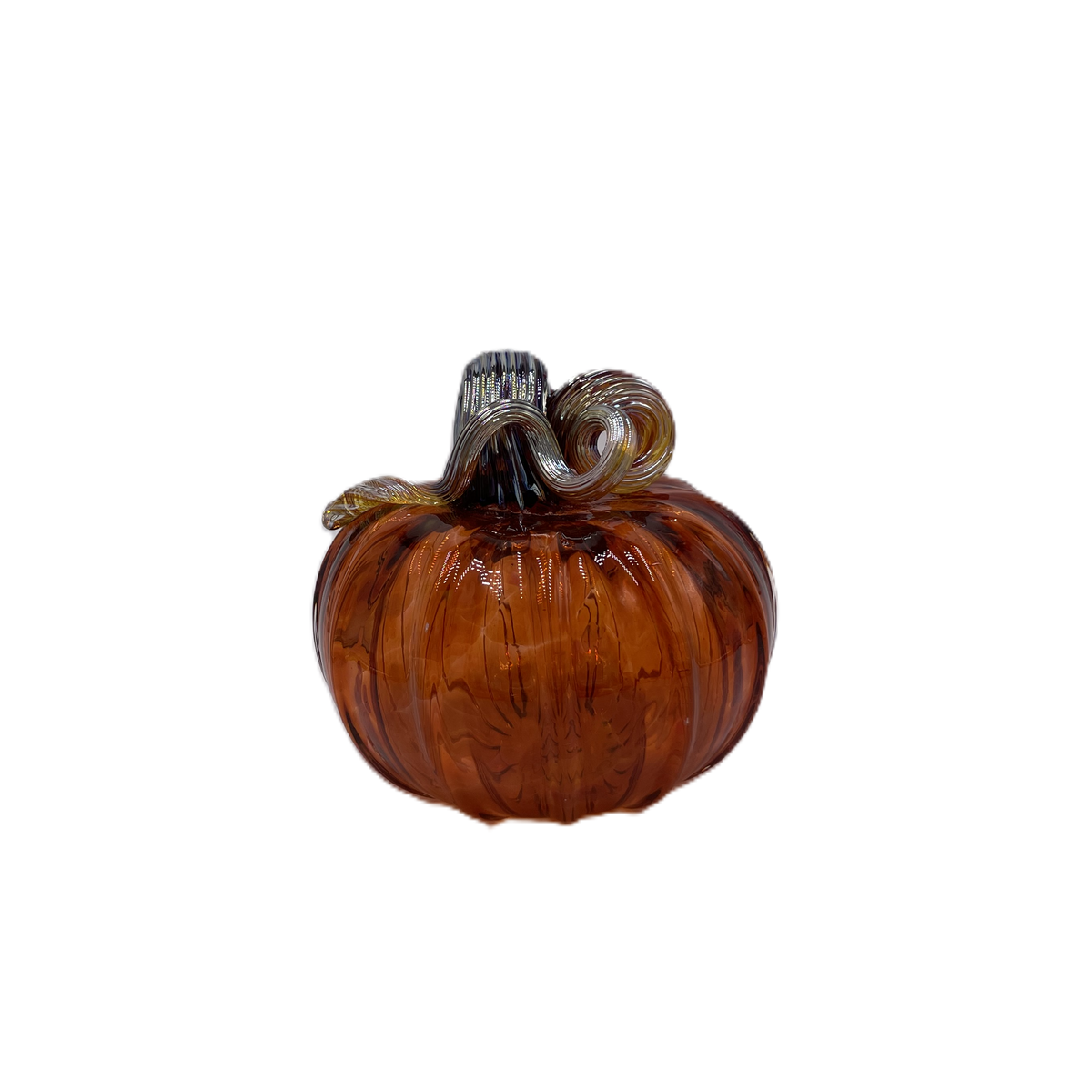 A small decorative glass pumpkin with a ribbed body and a curled stem, shown on a plain white background.