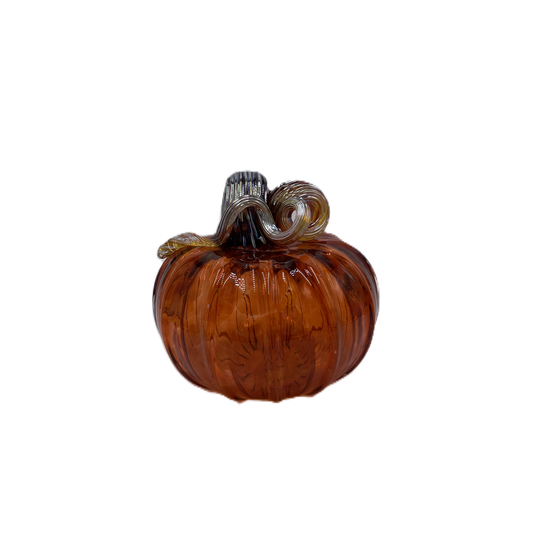 A small decorative glass pumpkin with a ribbed body and a curled stem, shown on a plain white background.