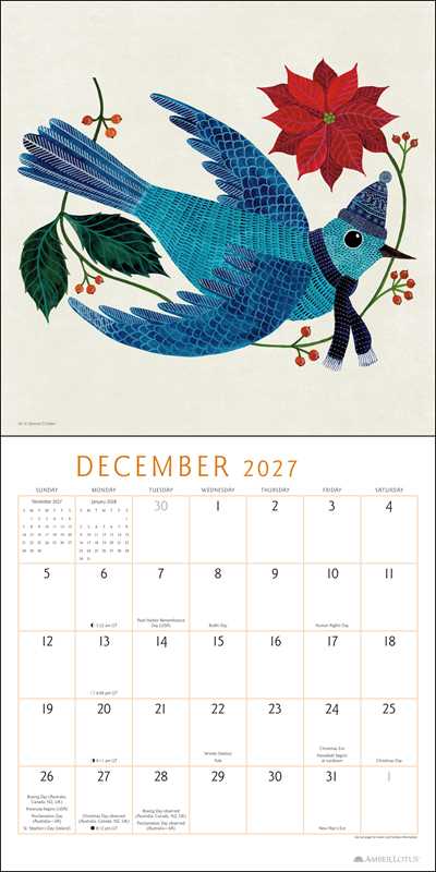 An open calendar page with the top depicting a folk art style image of a blue bird wearing a blue knit hat carrying a red poinsetta and the bottom depicting a monthly grid with the word December