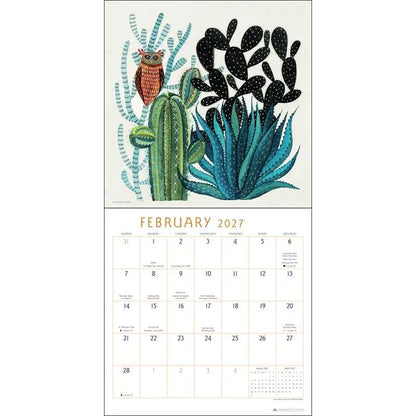 An open calendar page with the top depicting a folk art style image of an owl sitting on a cacti and the bottom depicting a monly grid with the word February