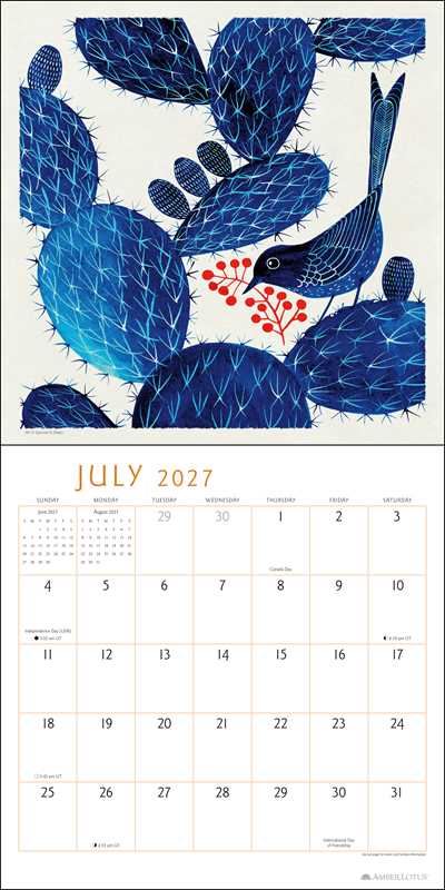 An open calendar page with the top depicting a folk art style image of an bird sitting on a cacti and the bottom depicting a monly grid with the word July