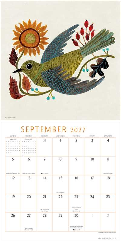 An open calendar page with the top depicting a folk art style image of green and blue bird carrying a sunflower and the bottom depicting a monly grid with the word September