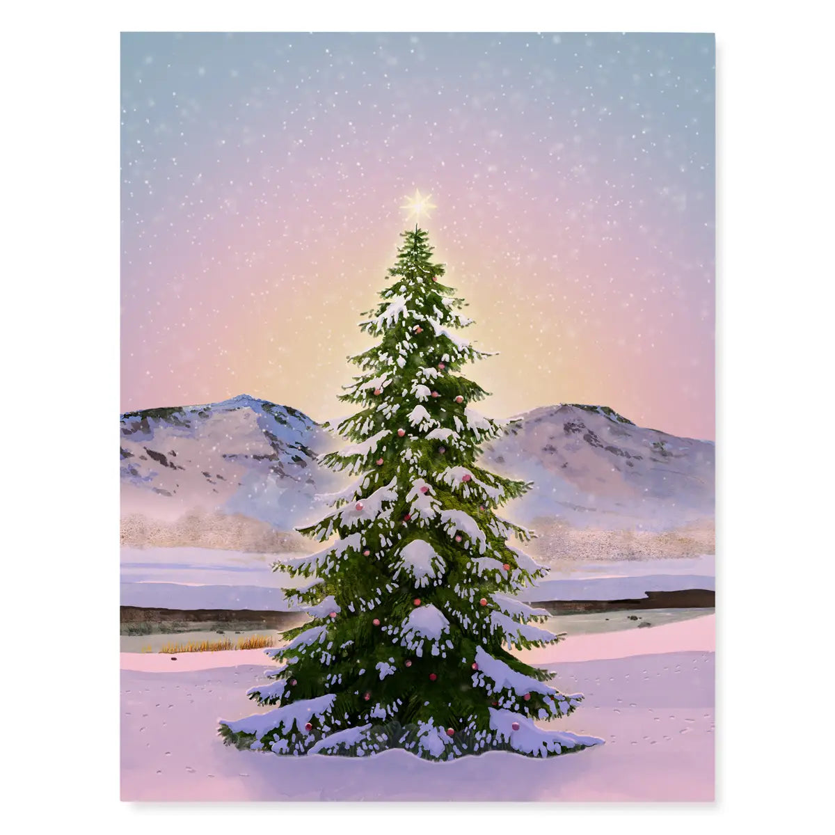 A card featuring a green Christmas tree against a pastel landscape
