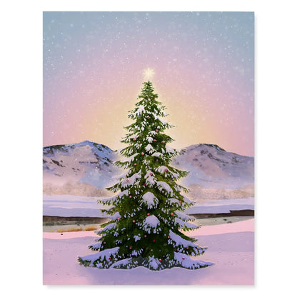 A card featuring a green Christmas tree against a pastel landscape
