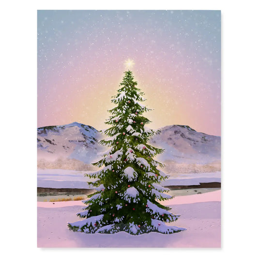 A card featuring a green Christmas tree against a pastel landscape
