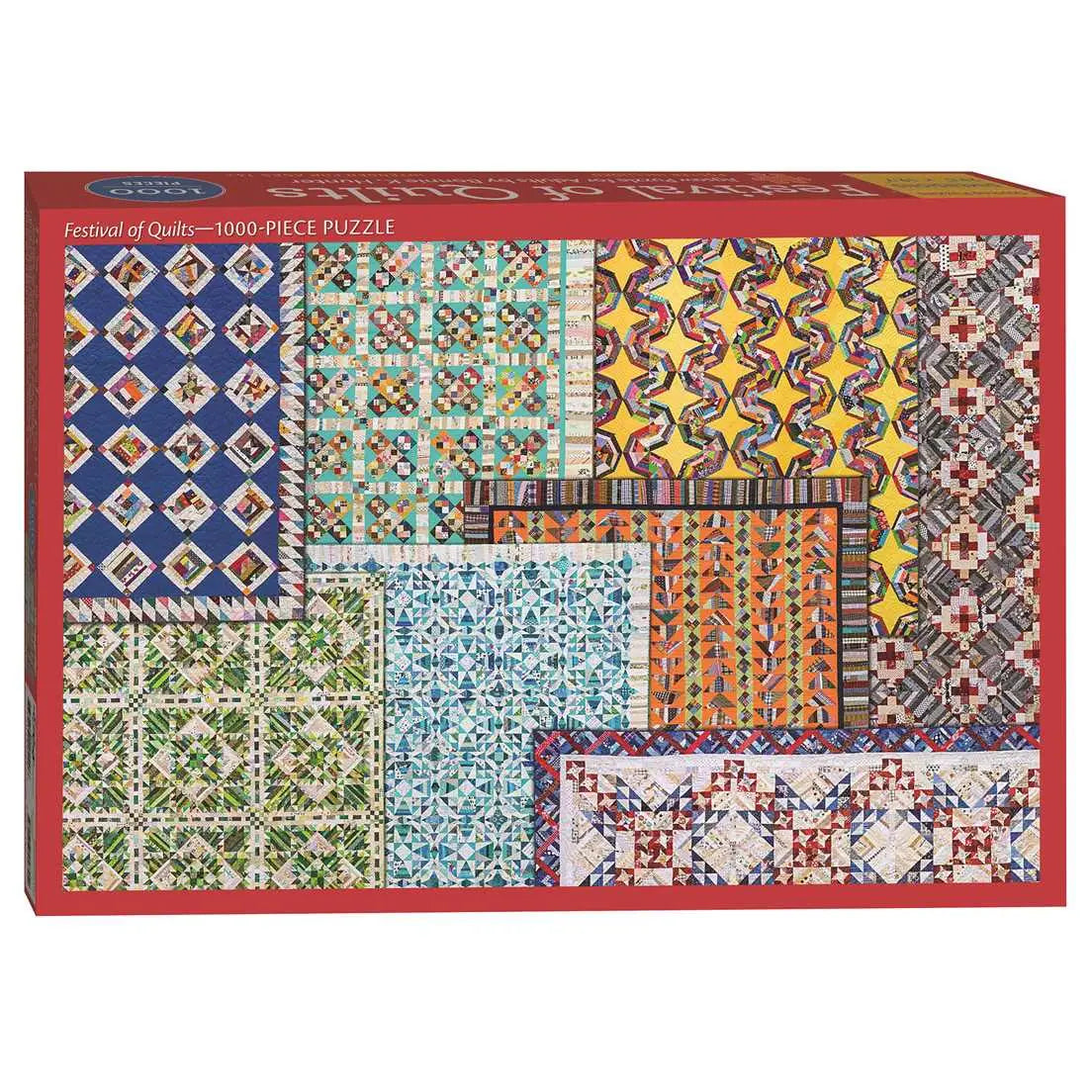 Product packaging for a puzzle depicting a collage of eight multi-color quilts with a red border on a white background.