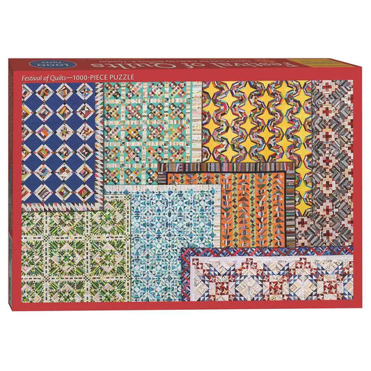 Product packaging for a puzzle depicting a collage of eight multi-color quilts with a red border on a white background.