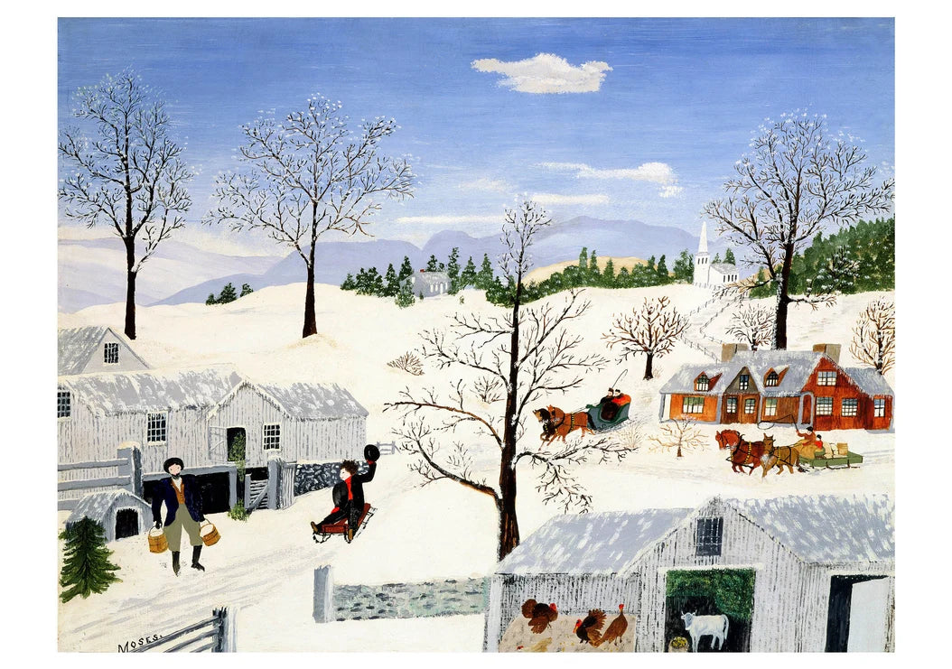 A snowy landscape scene featuring buildings, people and farm animals.