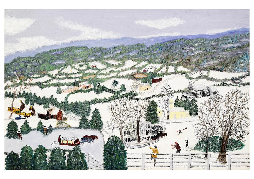 A snowy landscape scene featuing buildings, people and fam animals