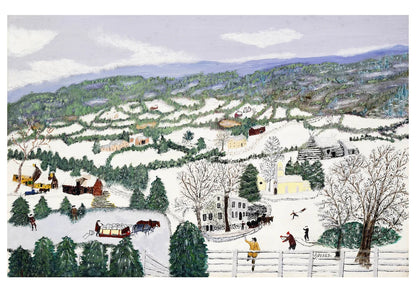 A snowy landscape scene featuing buildings, people and fam animals