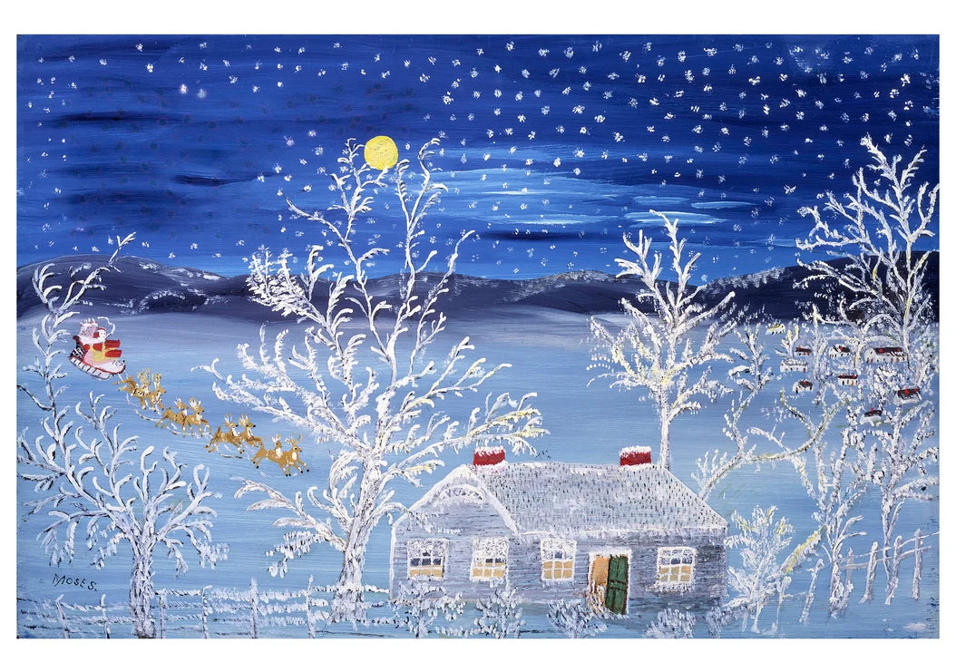 A nighttime winter scene featuring a house with Santa and his reindeer flying over the roof.