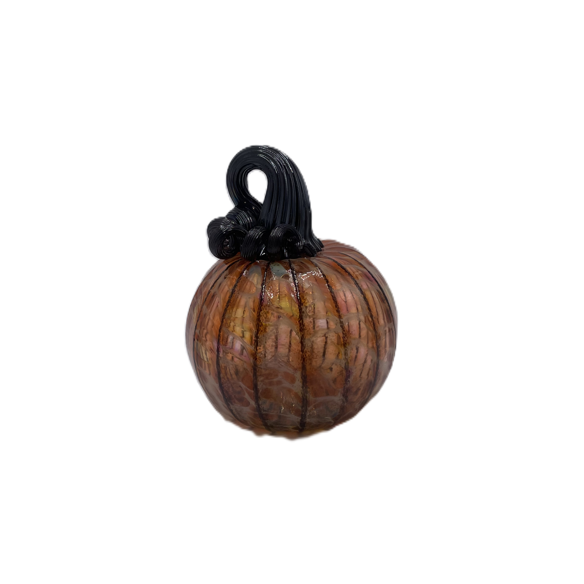 A small decorative glass pumpkin with a ribbed body, amber-orange marbling, and a black stem, isolated on a white background.