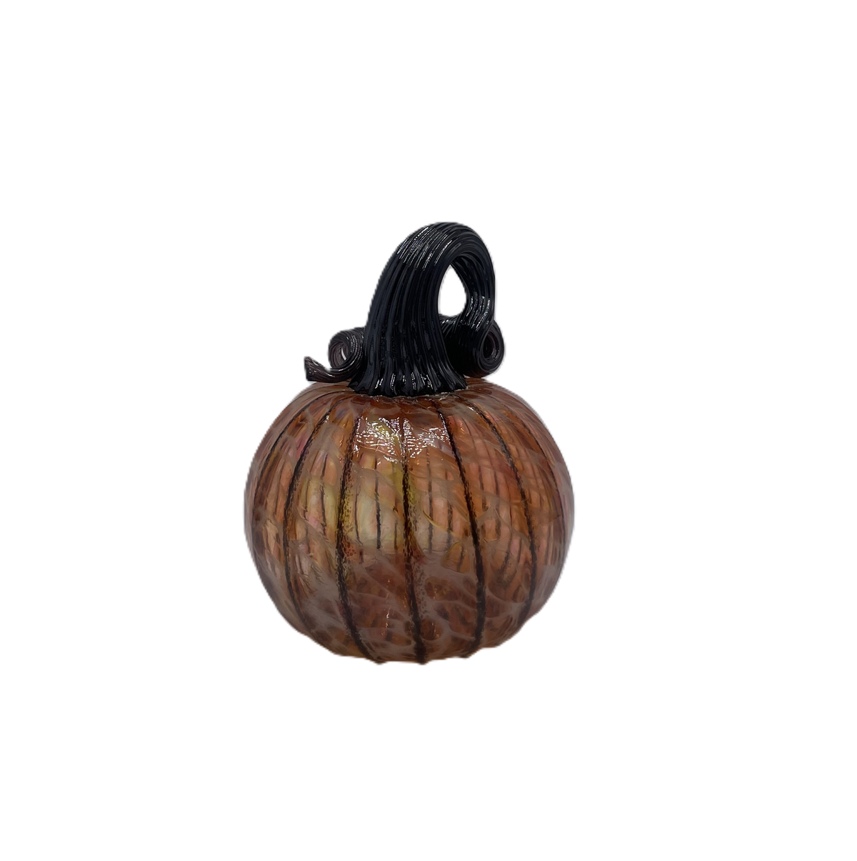 A small decorative glass pumpkin with a ribbed body, amber-orange marbling, and a black stem, isolated on a white background.