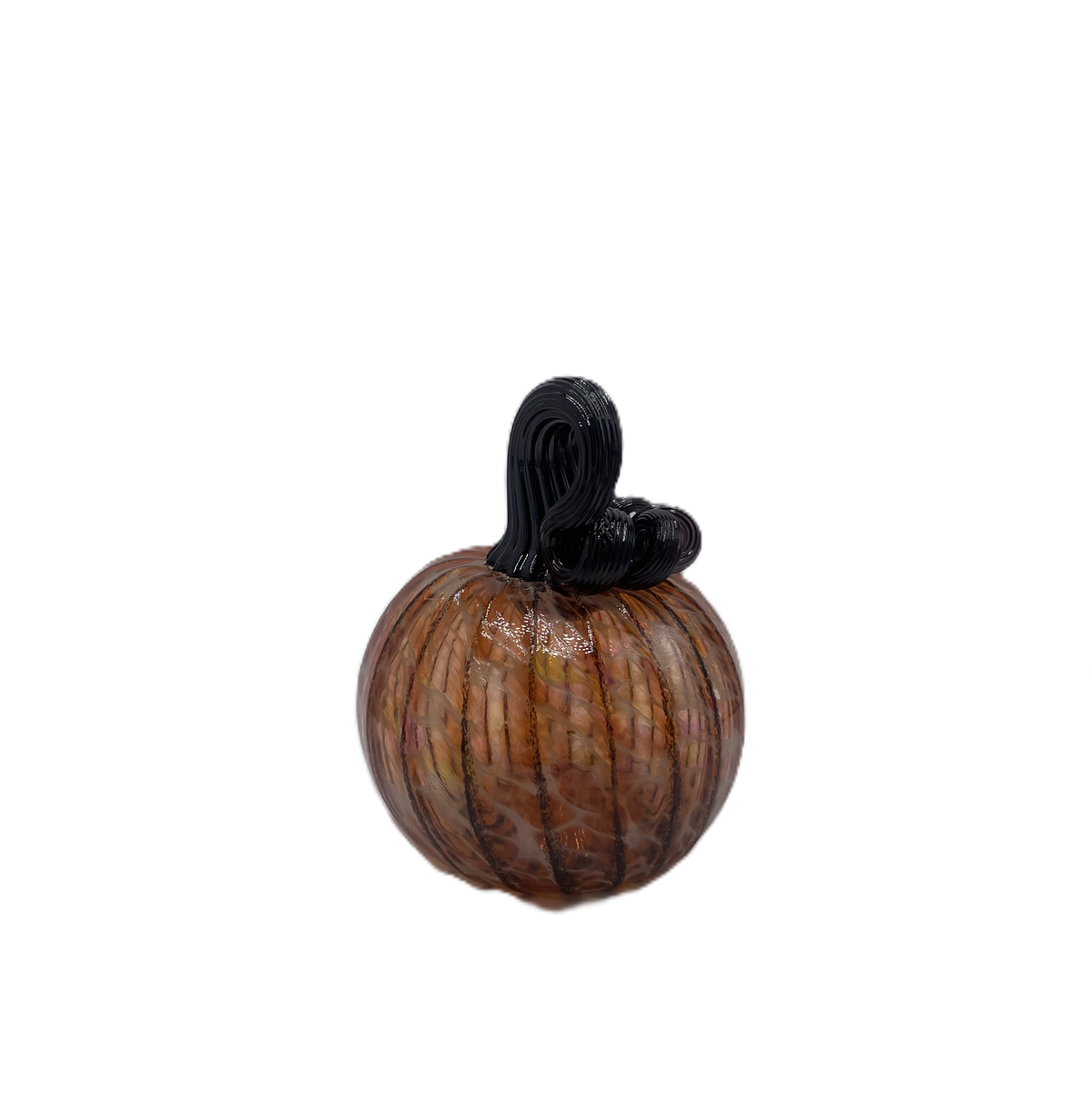 A small decorative glass pumpkin with a ribbed body, amber-orange marbling, and a black stem, isolated on a white background.