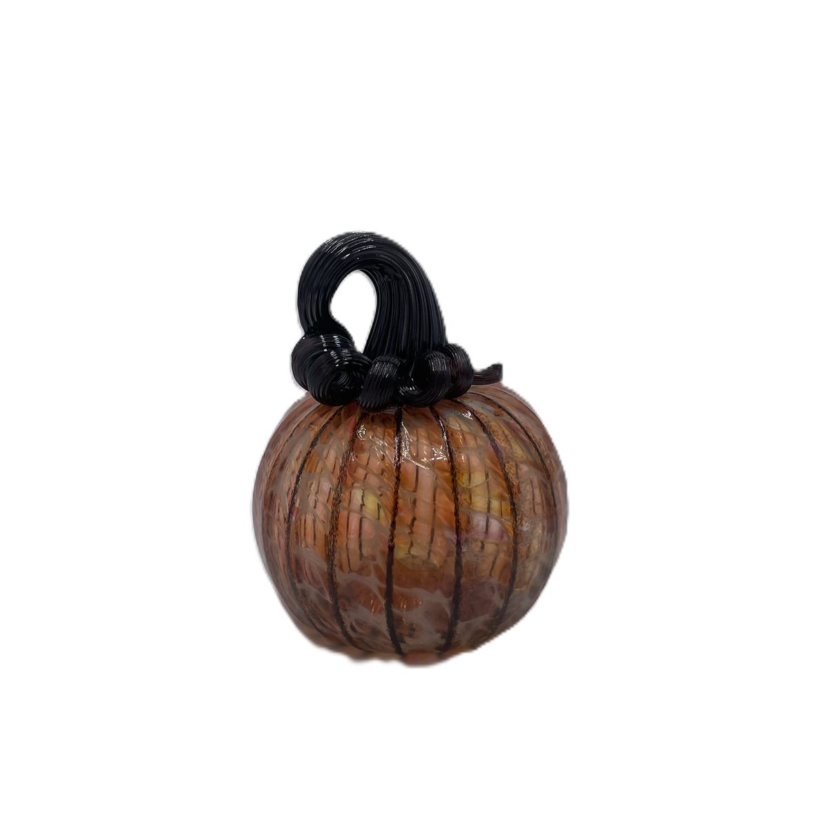 A small decorative glass pumpkin with a ribbed body, amber-orange marbling, and a black stem, isolated on a white background.
