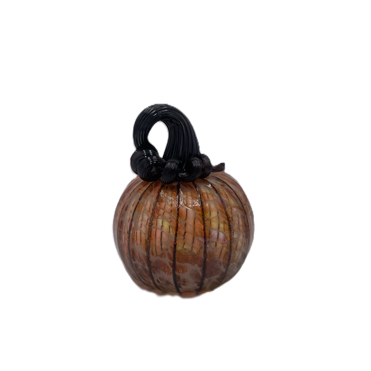 A small decorative glass pumpkin with a ribbed body, amber-orange marbling, and a black stem, isolated on a white background.