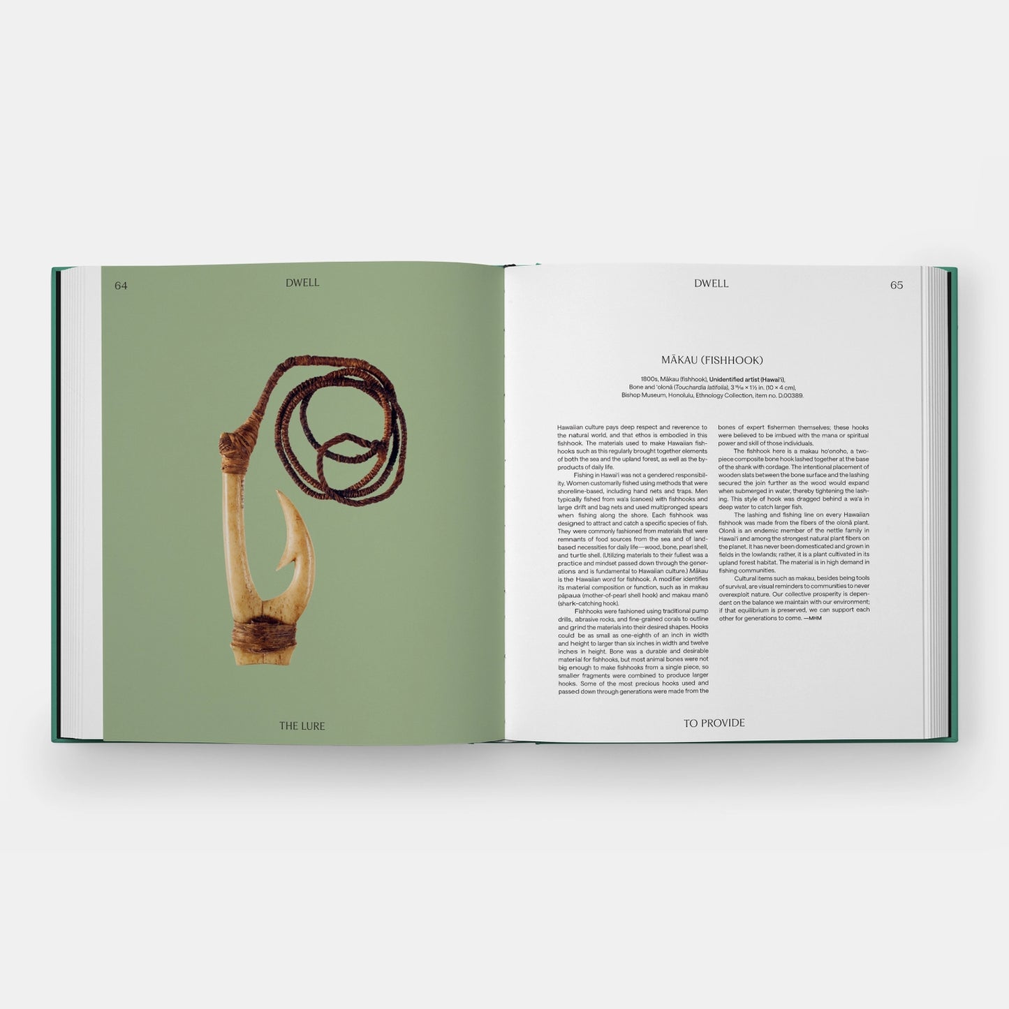 Inside of a book featuring a carved bone fishhook on a leater cord on a green background.