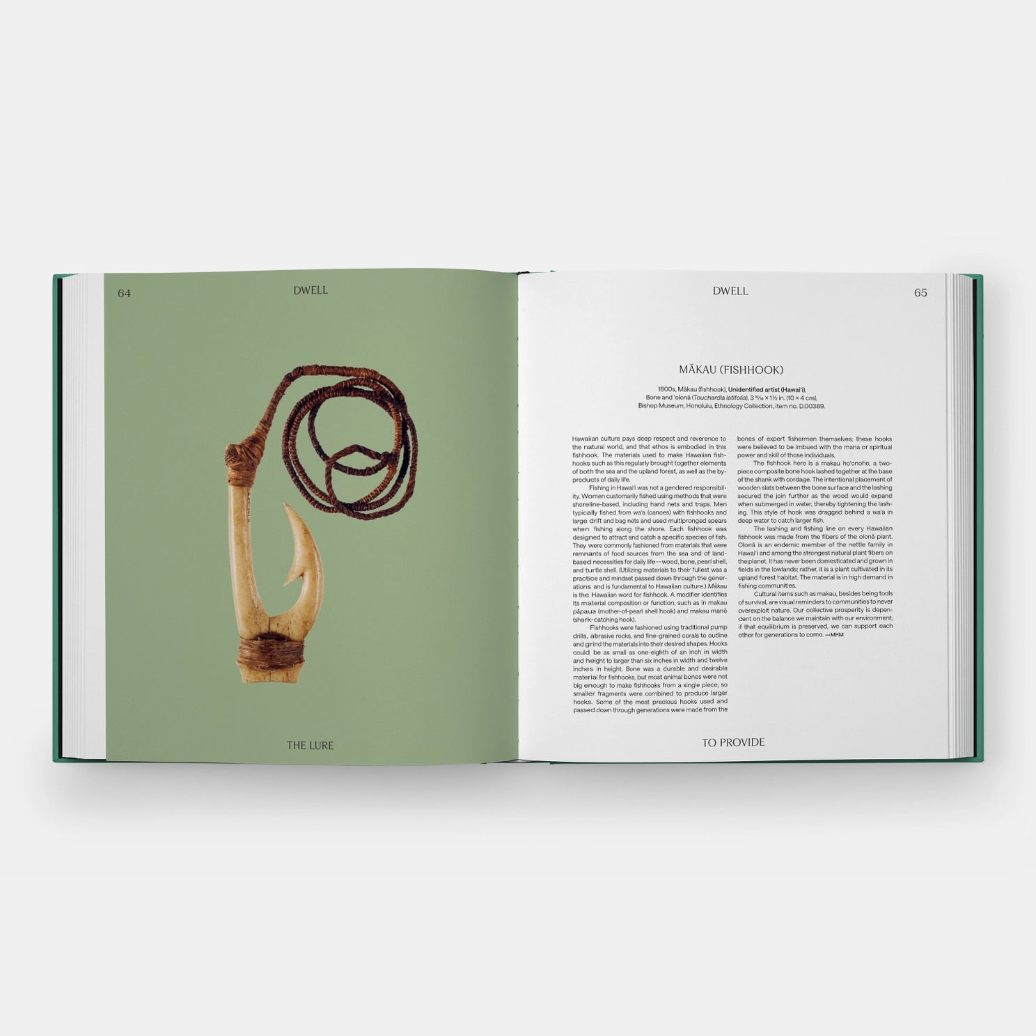 Inside of a book featuring a carved bone fishhook on a leater cord on a green background.