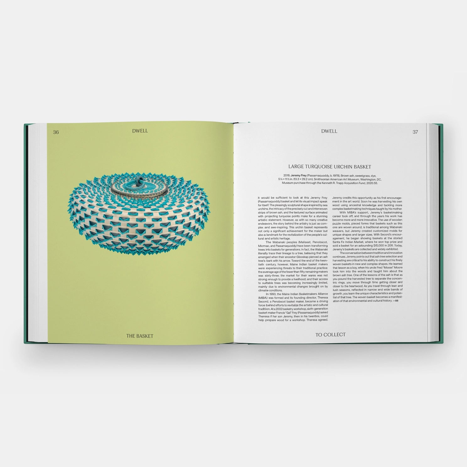 Inside pages of a book featuring text and a photograph of a handmade turquoise urchin basket on a green background.