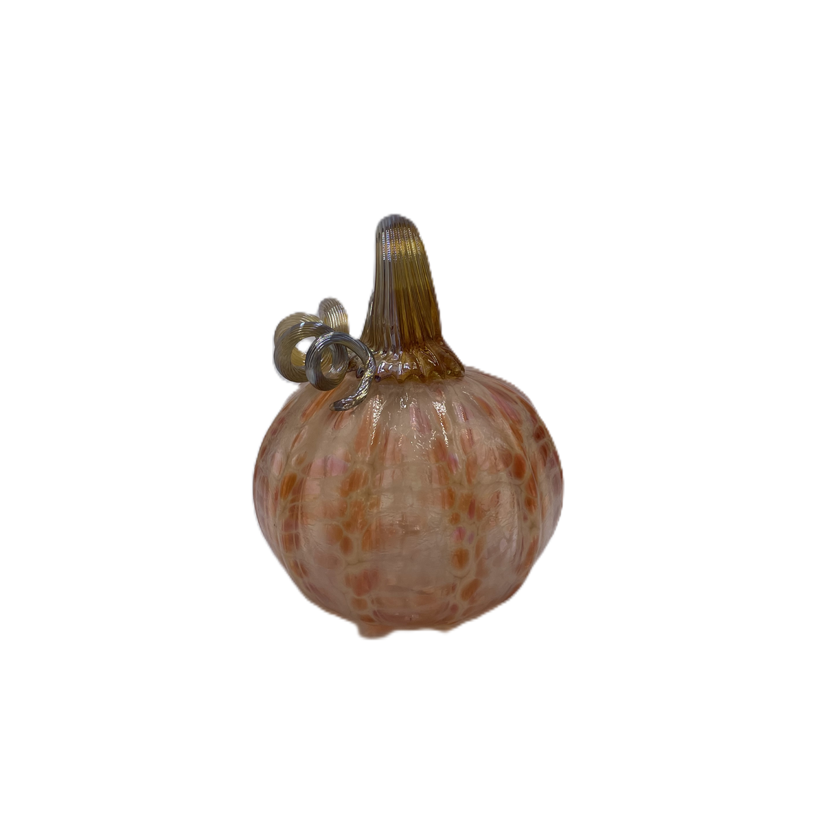 A small glass pumpkin with a ribbed bulb shape, a silver metal loop stem at the top, shown on a plain white background.