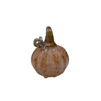 A small glass pumpkin with a ribbed bulb shape, a silver metal loop stem at the top, shown on a plain white background.